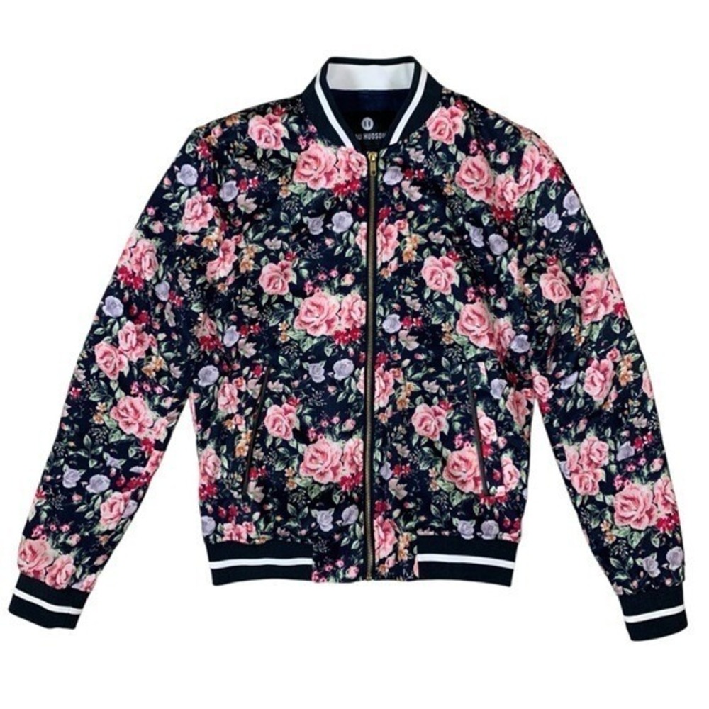 Beau Hudson Floral Bomber Jacket XS Navy Pink Rose Print Zip Up‎ Ribbed Trim